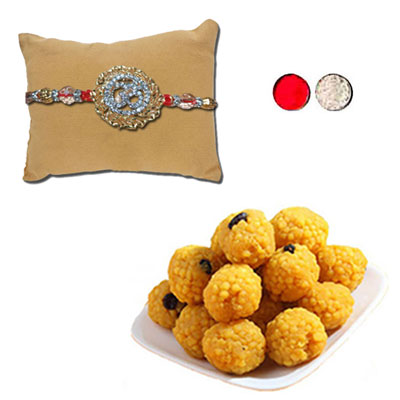 "AMERICAN DIAMOND (AD) RAKHIS -AD 4350 A (Single Rakhi), 500gms of Laddu - Click here to View more details about this Product
